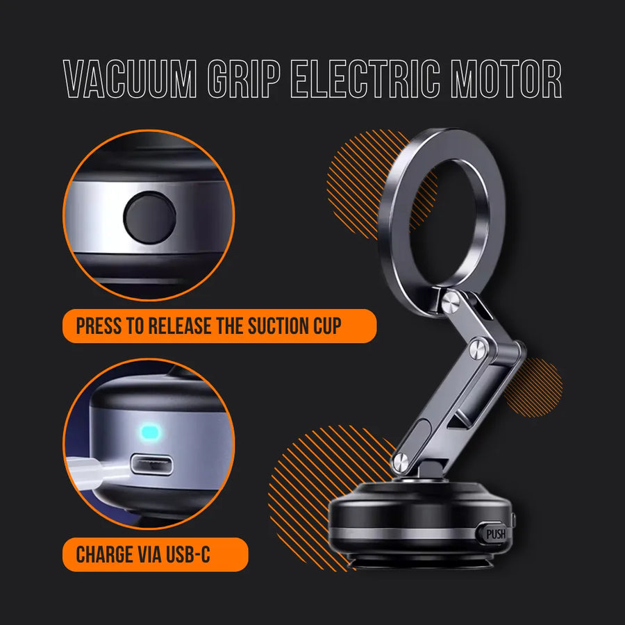 Vacuum grip electric motor with suction cup, USB-C charging port, and release button