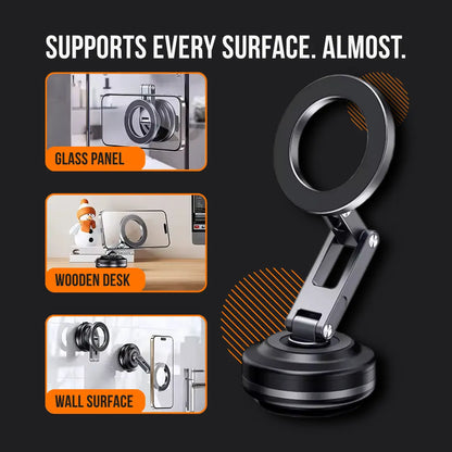 Magnetic FlexiHold phone mount supports glass panels, wooden desks, and wall surfaces.