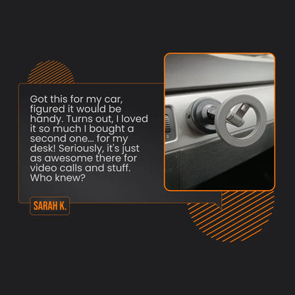 FlexiHold car phone mount attached to vehicle dashboard with customer review text beside it