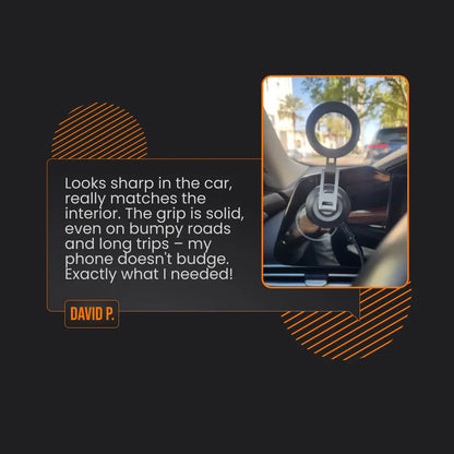 Car phone holder mounted on dashboard with customer review, FlexiHold accessory