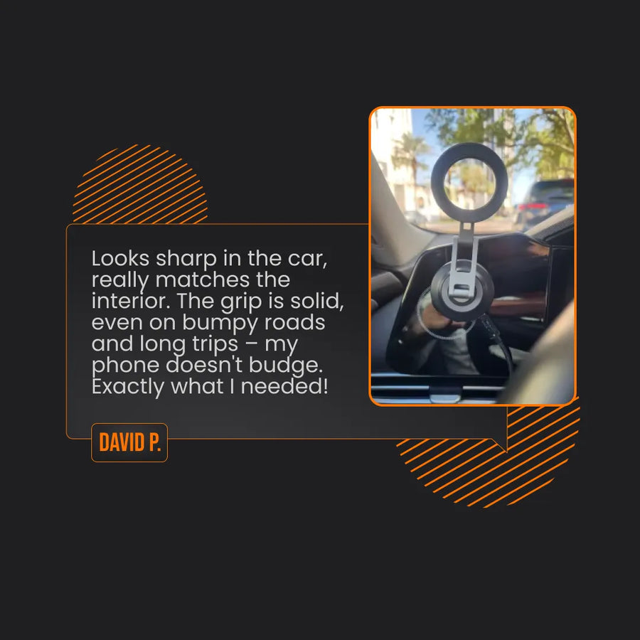 Car phone holder mounted on dashboard with customer review, FlexiHold accessory