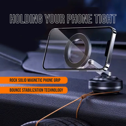 Magnetic car phone holder with bounce stabilization technology securing smartphone on dashboard