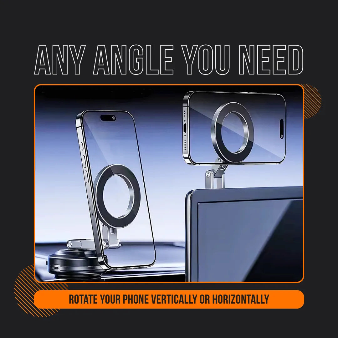 Versatile magnetic phone holder attaches to monitor, rotates smartphone vertically or horizontally