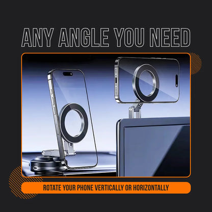Versatile magnetic phone holder attaches to monitor, rotates smartphone vertically or horizontally