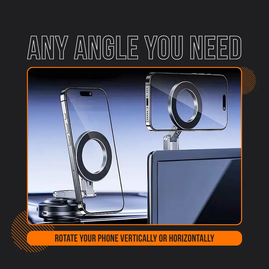 Versatile magnetic phone holder attaches to monitor, rotates smartphone vertically or horizontally