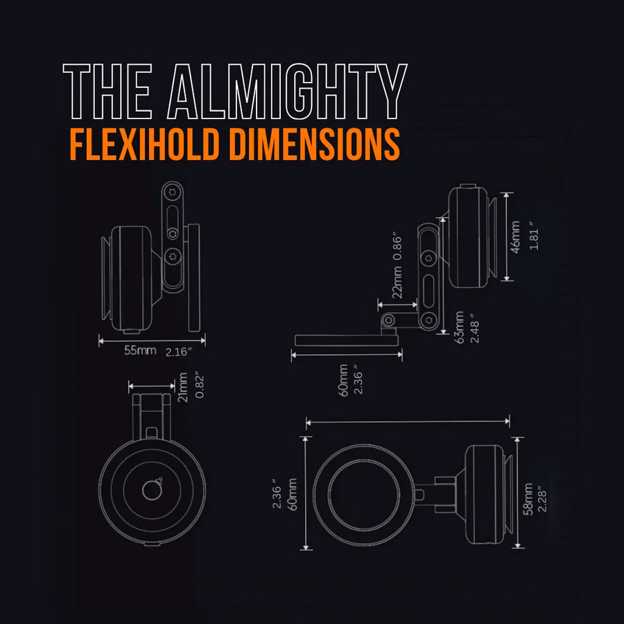 FlexiHold dimensions diagram with detailed measurements on dark background