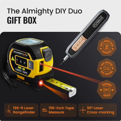 Almighty DIY Duo Gift Box with yellow laser rangefinder, tape measure, and precision tool