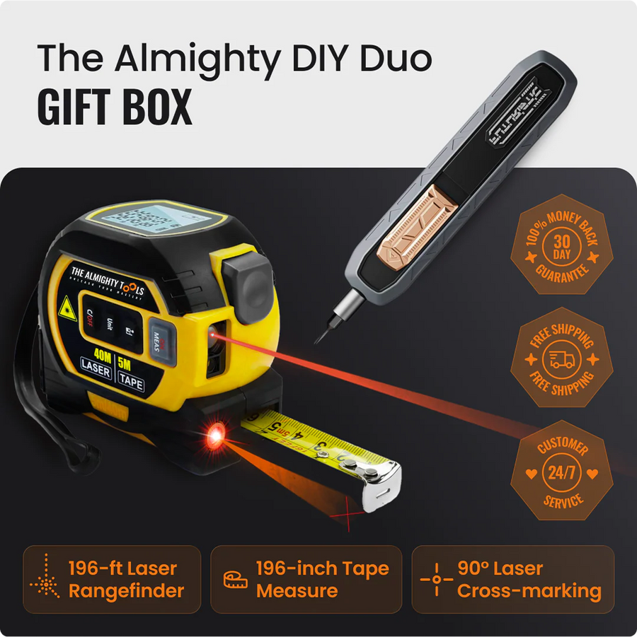Almighty DIY Duo Gift Box with yellow laser rangefinder, tape measure, and precision tool