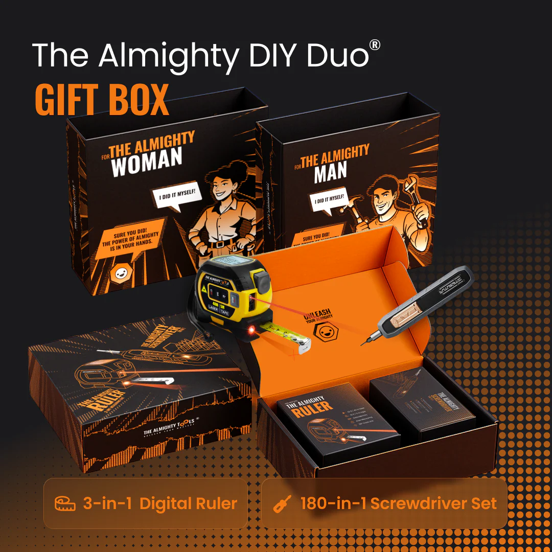 Almighty DIY Duo gift box with 3-in-1 digital ruler, 180-in-1 screwdriver set, and illustrated packaging.