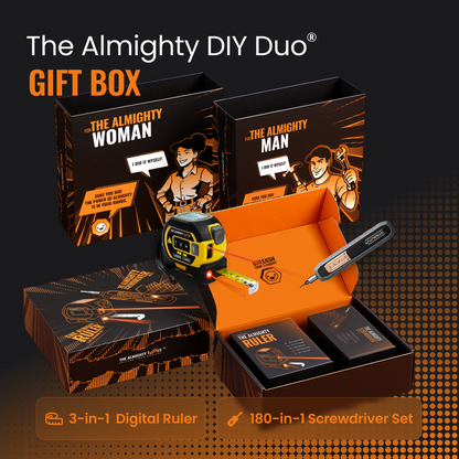 Almighty DIY Duo gift box with 3-in-1 digital ruler, 180-in-1 screwdriver set, and illustrated packaging.