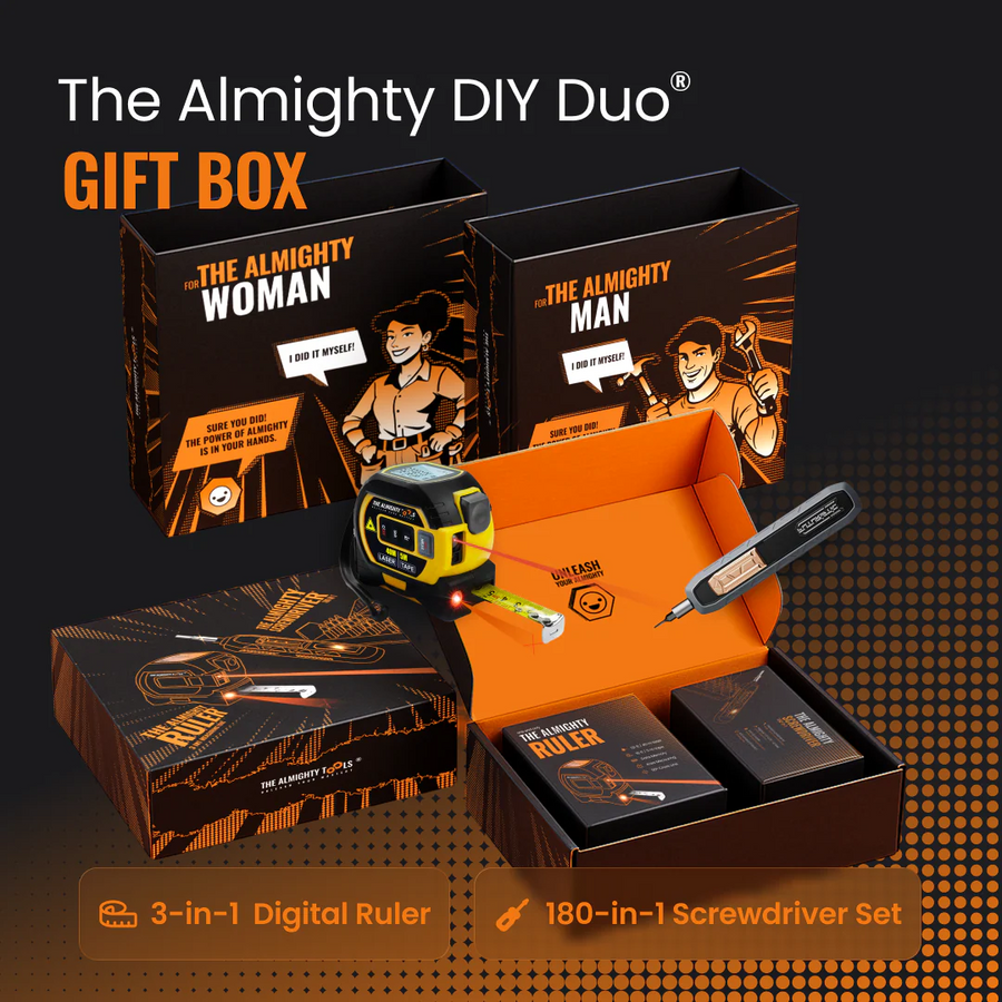 Almighty DIY Duo gift box with 3-in-1 digital ruler, 180-in-1 screwdriver set, and illustrated packaging.