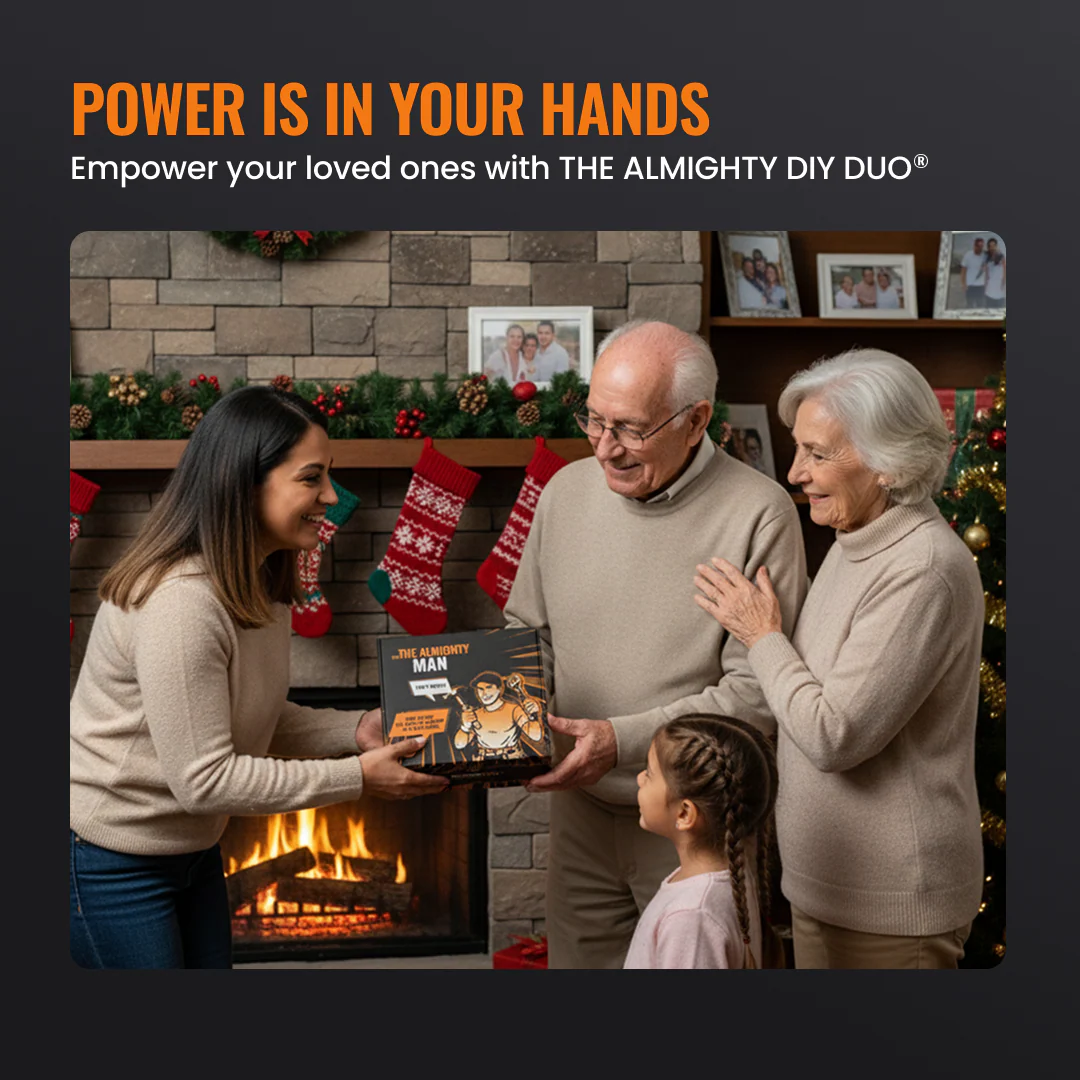Family exchanging The Almighty Gift Box by fireplace with Christmas stockings, cozy setting