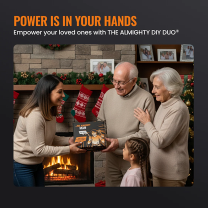 Family exchanging The Almighty Gift Box by fireplace with Christmas stockings, cozy setting