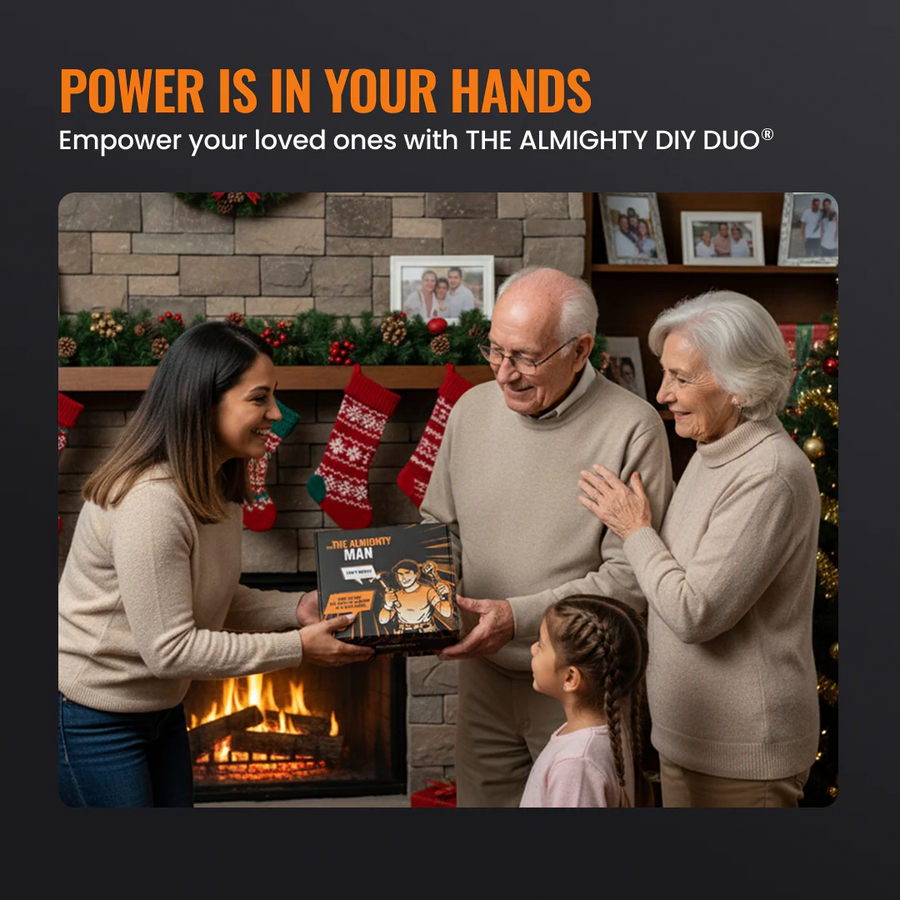 Family exchanging The Almighty Gift Box by fireplace with Christmas stockings, cozy setting