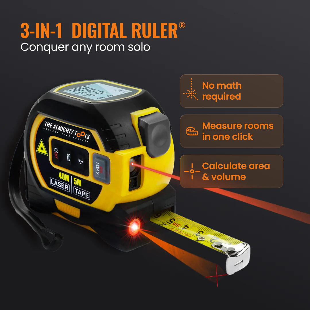3-in-1 digital laser tape measure by Almighty Tools with features highlighted on a dark background