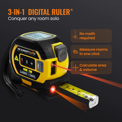 3-in-1 digital laser tape measure by Almighty Tools with features highlighted on a dark background