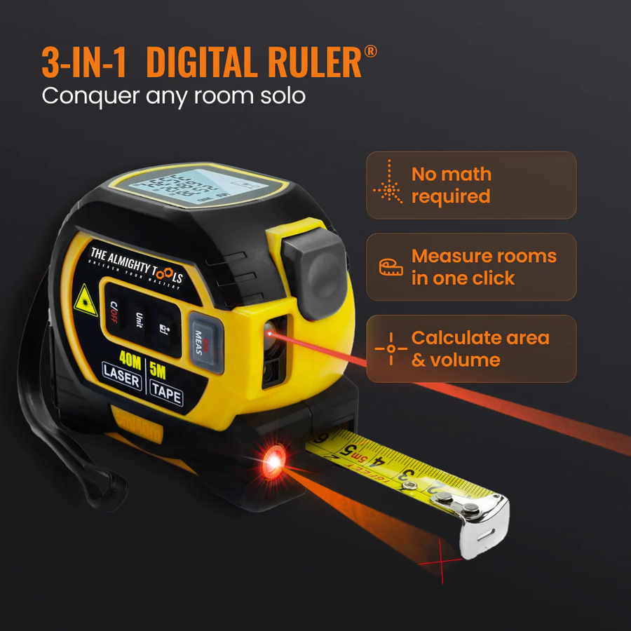 3-in-1 digital laser tape measure by Almighty Tools with features highlighted on a dark background