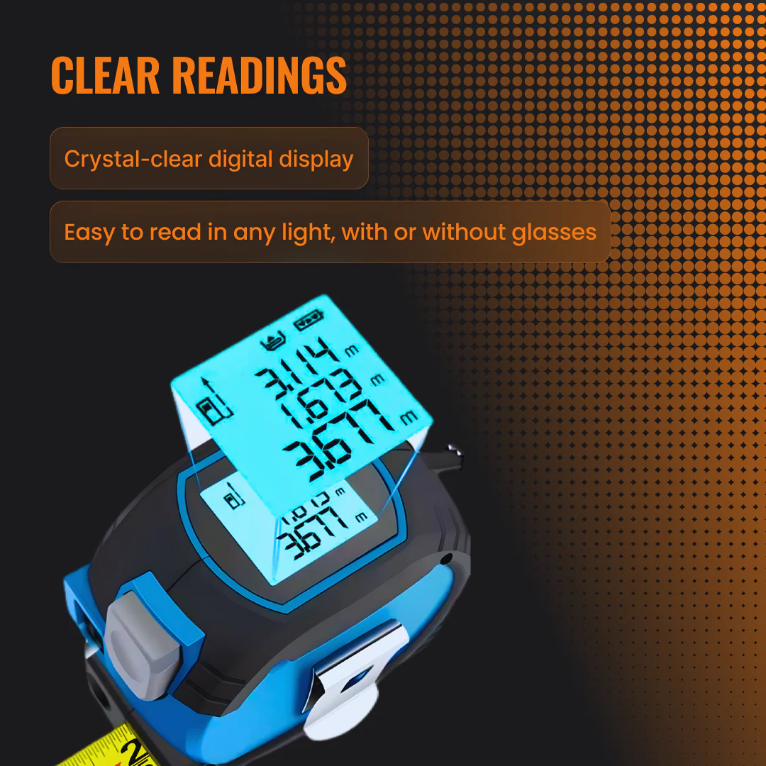 Digital tape measure with large LCD display showing clear readings, blue and black design