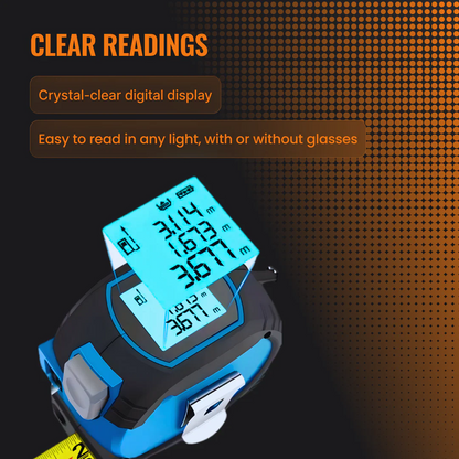 Digital tape measure with large LCD display showing clear readings, blue and black design