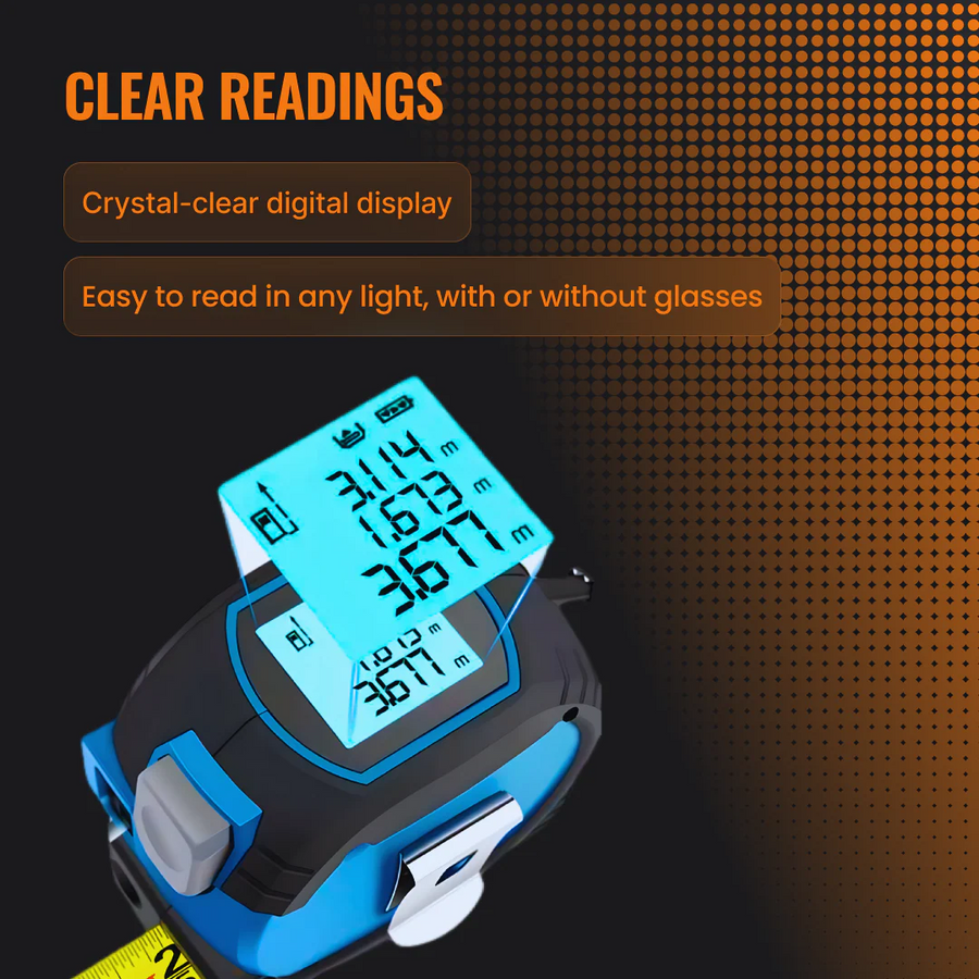 Digital tape measure with large LCD display showing clear readings, blue and black design