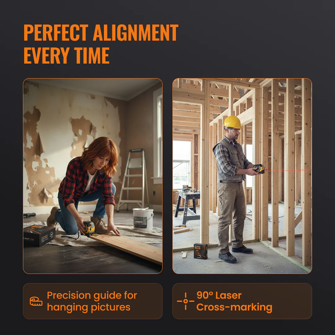 People using a laser level tool for perfect alignment in home renovation and construction settings.