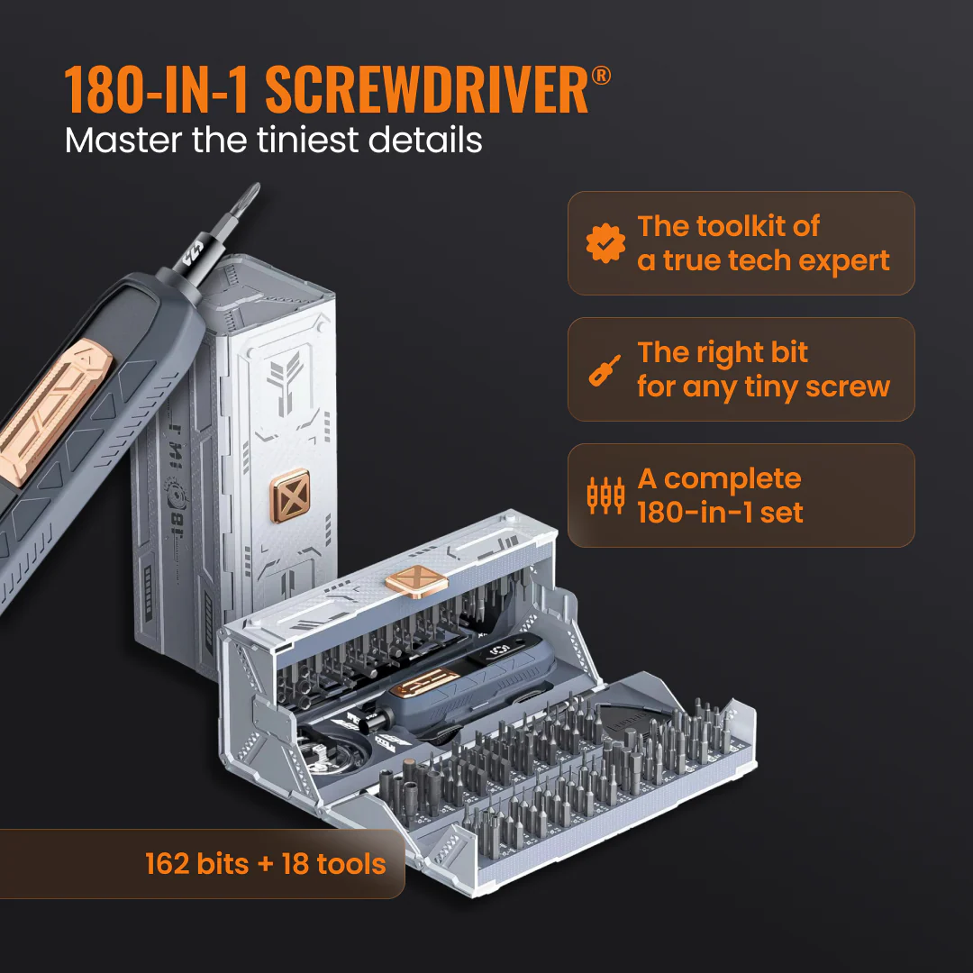 180-in-1 screwdriver kit with 162 bits and 18 tools in a sleek metallic case, tech toolkit