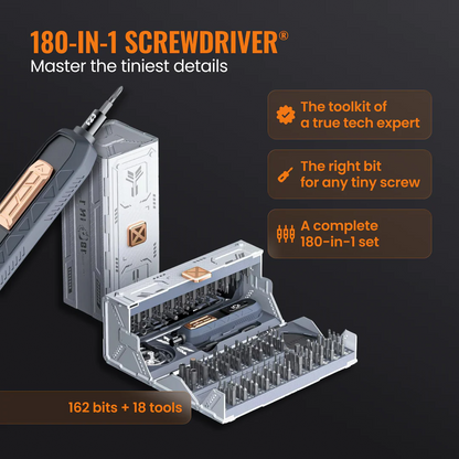 180-in-1 screwdriver kit with 162 bits and 18 tools in a sleek metallic case, tech toolkit
