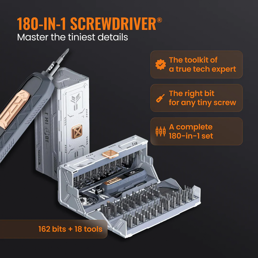 180-in-1 screwdriver kit with 162 bits and 18 tools in a sleek metallic case, tech toolkit