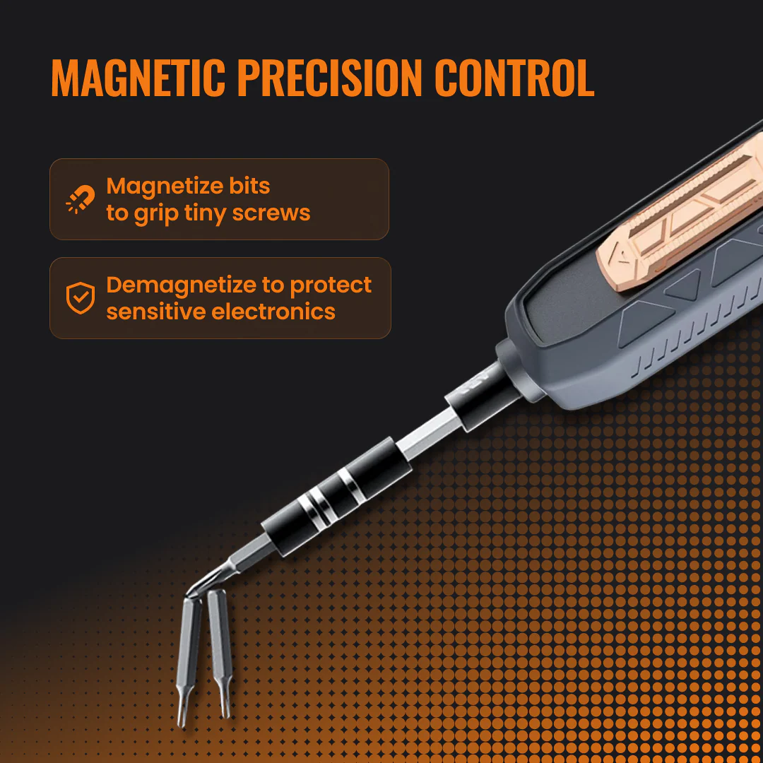 Precision screwdriver with magnetic control for electronics, close-up on black and orange background