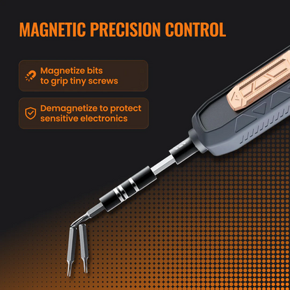 Precision screwdriver with magnetic control for electronics, close-up on black and orange background