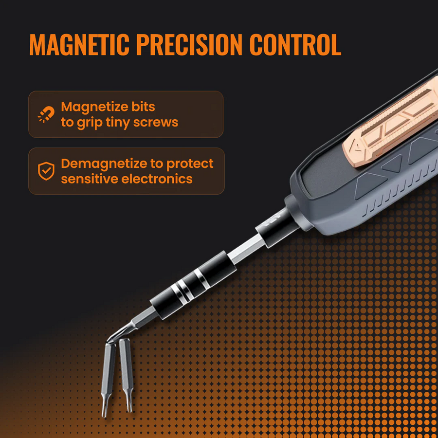 Precision screwdriver with magnetic control for electronics, close-up on black and orange background