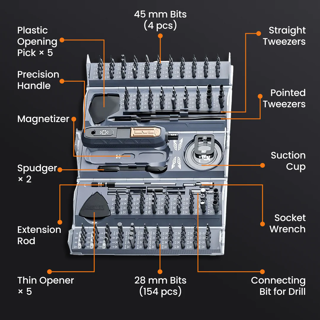 Precision screwdriver set with labeled bits, tweezers, spudgers, suction cup, and tools in case
