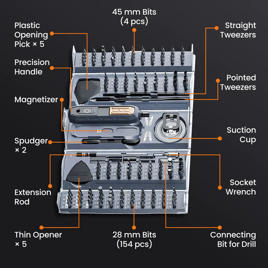 Precision screwdriver set with labeled bits, tweezers, spudgers, suction cup, and tools in case