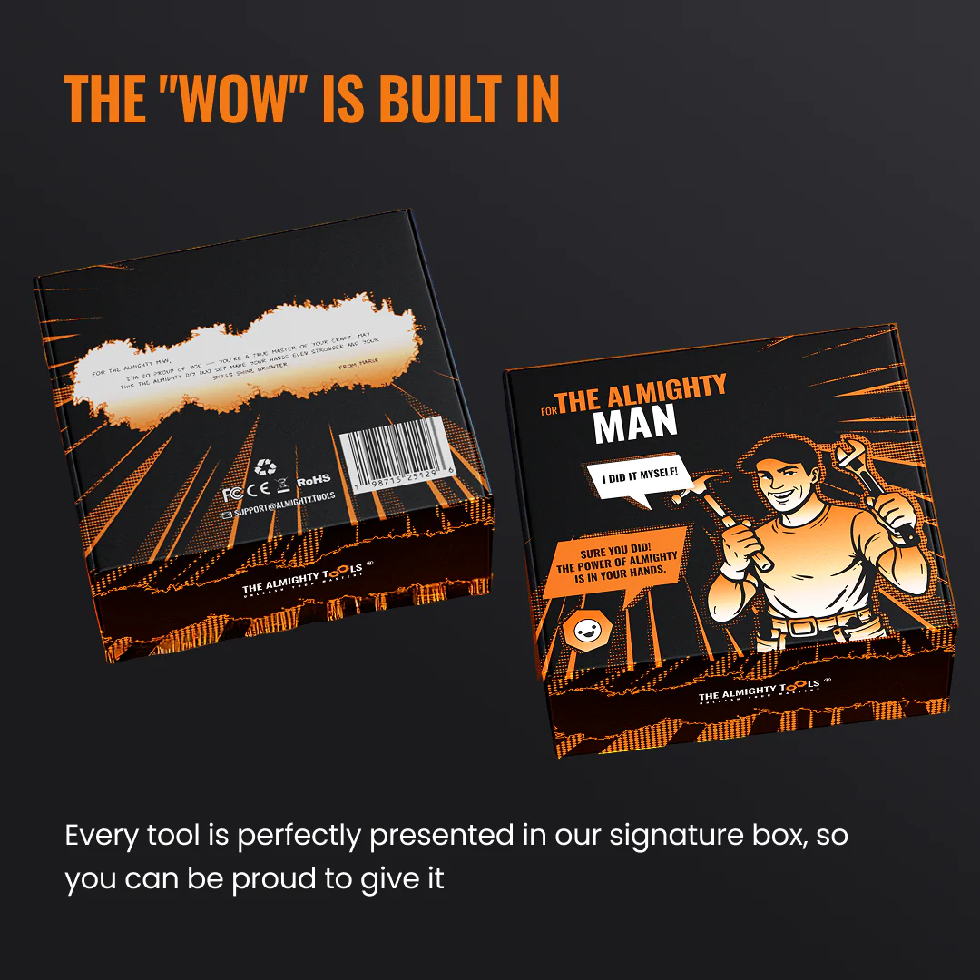 The Almighty Tools gift box with illustrated man holding tools, bold orange accents, and product branding