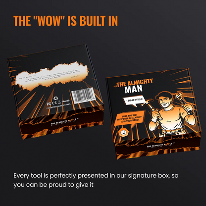The Almighty Tools gift box with illustrated man holding tools, bold orange accents, and product branding