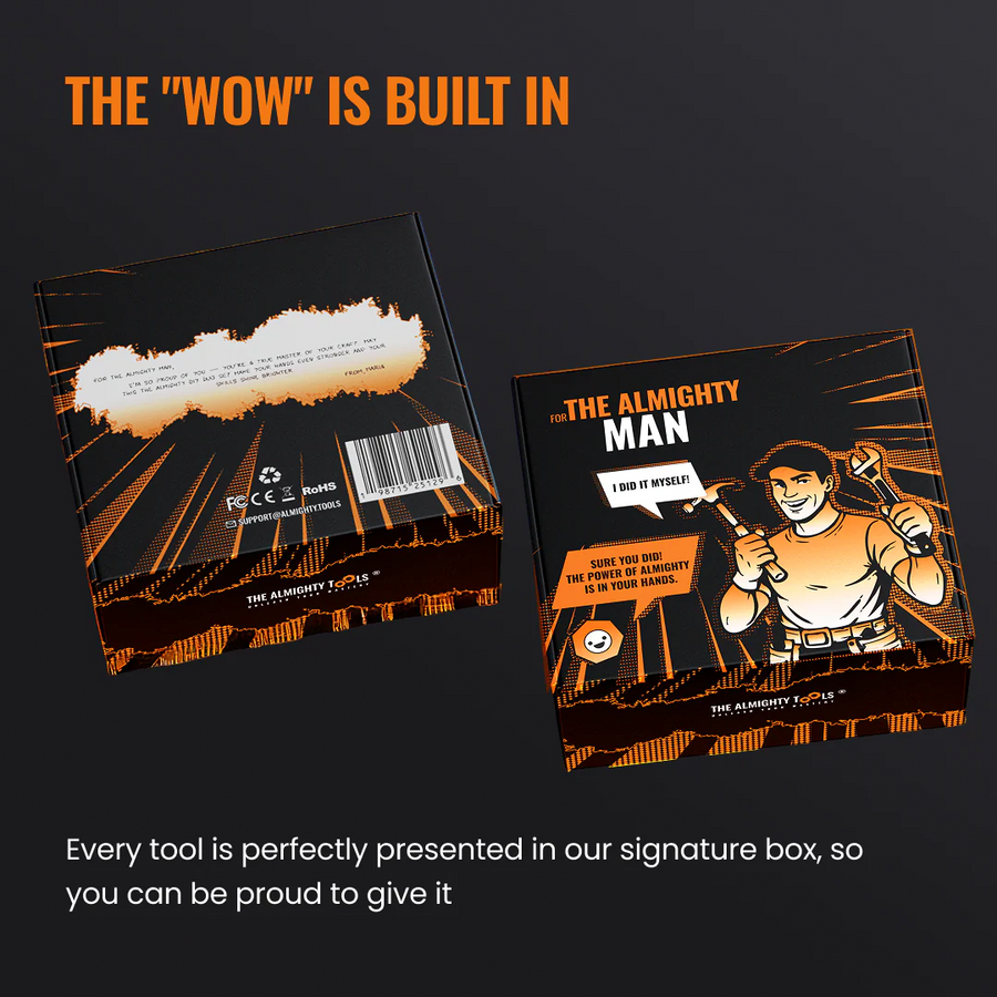 The Almighty Tools gift box with illustrated man holding tools, bold orange accents, and product branding