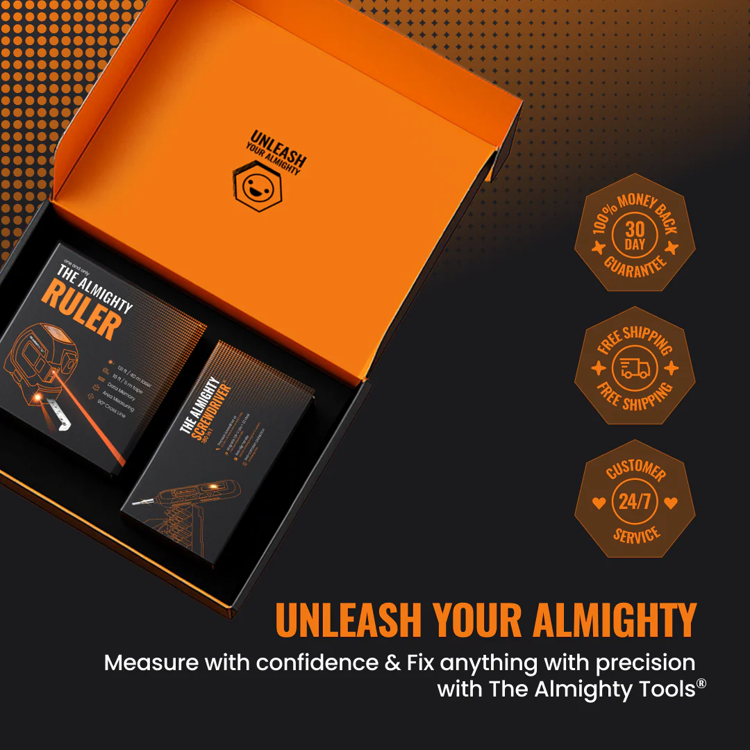 The Almighty Gift Box featuring The Almighty Ruler and Screwdriver in black and orange packaging