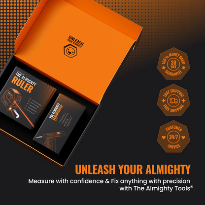 The Almighty Gift Box featuring The Almighty Ruler and Screwdriver in black and orange packaging