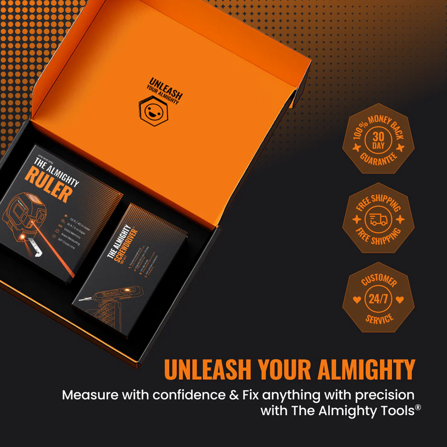The Almighty Gift Box featuring The Almighty Ruler and Screwdriver in black and orange packaging