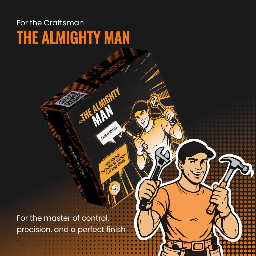 The Almighty Man gift box for craftsmen, featuring a cartoon man holding tools on a black background.