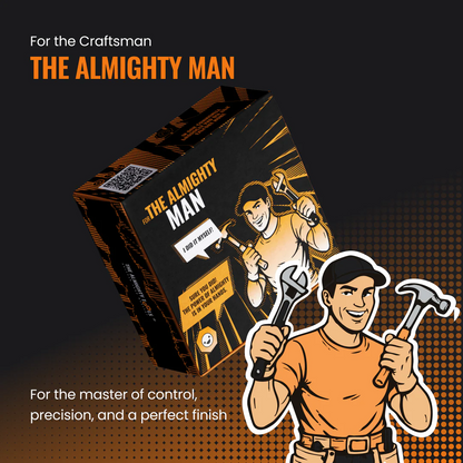 The Almighty Man gift box for craftsmen, featuring a cartoon man holding tools on a black background.