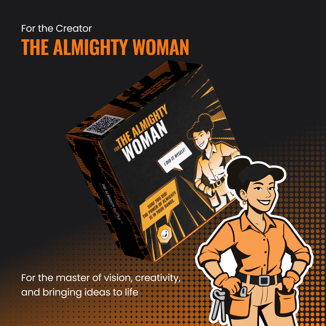 The Almighty Woman gift box with cartoon woman in workwear, creative empowerment theme.