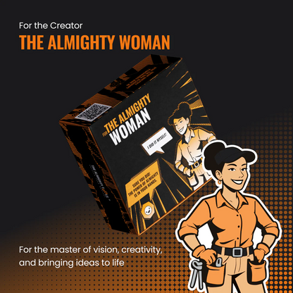The Almighty Woman gift box with cartoon woman in workwear, creative empowerment theme.