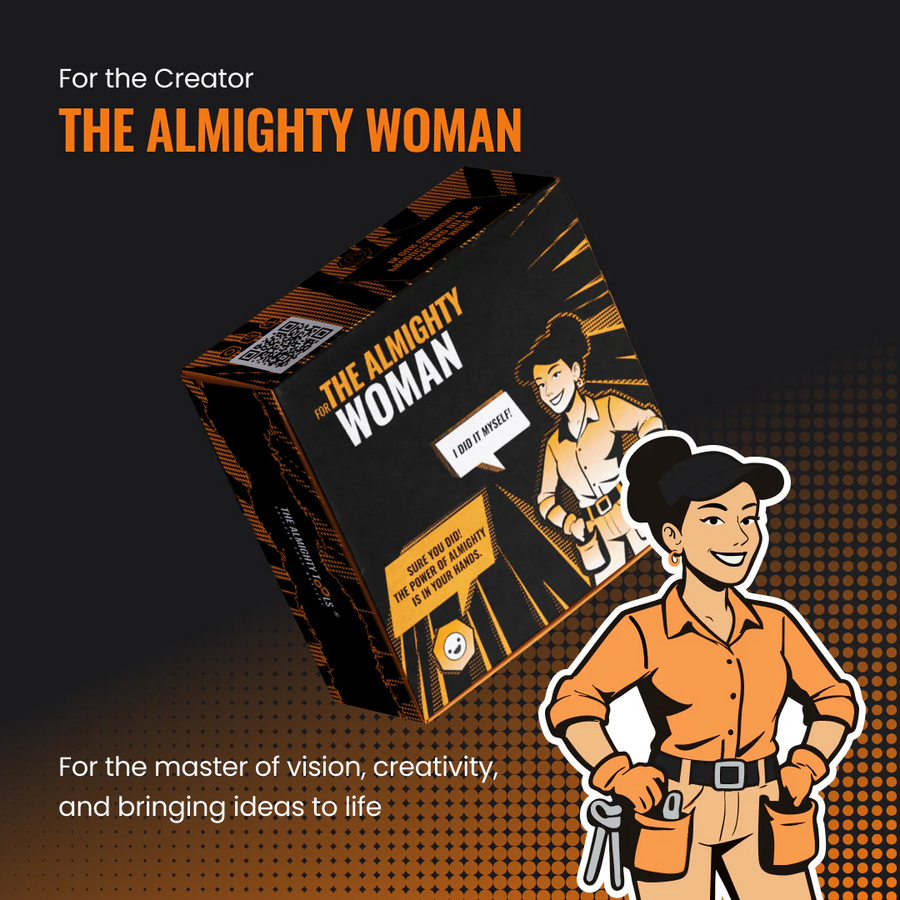 The Almighty Woman gift box with cartoon woman in workwear, creative empowerment theme.