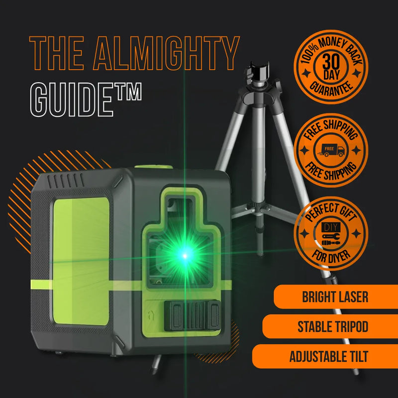 The Almighty Guide laser level with green beam, tripod, and promotional badges on black background