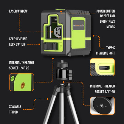 Green and black laser level tool on tripod with labeled features and Type-C charging port