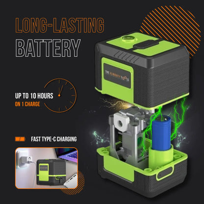 Green and black tool with long-lasting battery, type-C charging, up to 10 hours use.