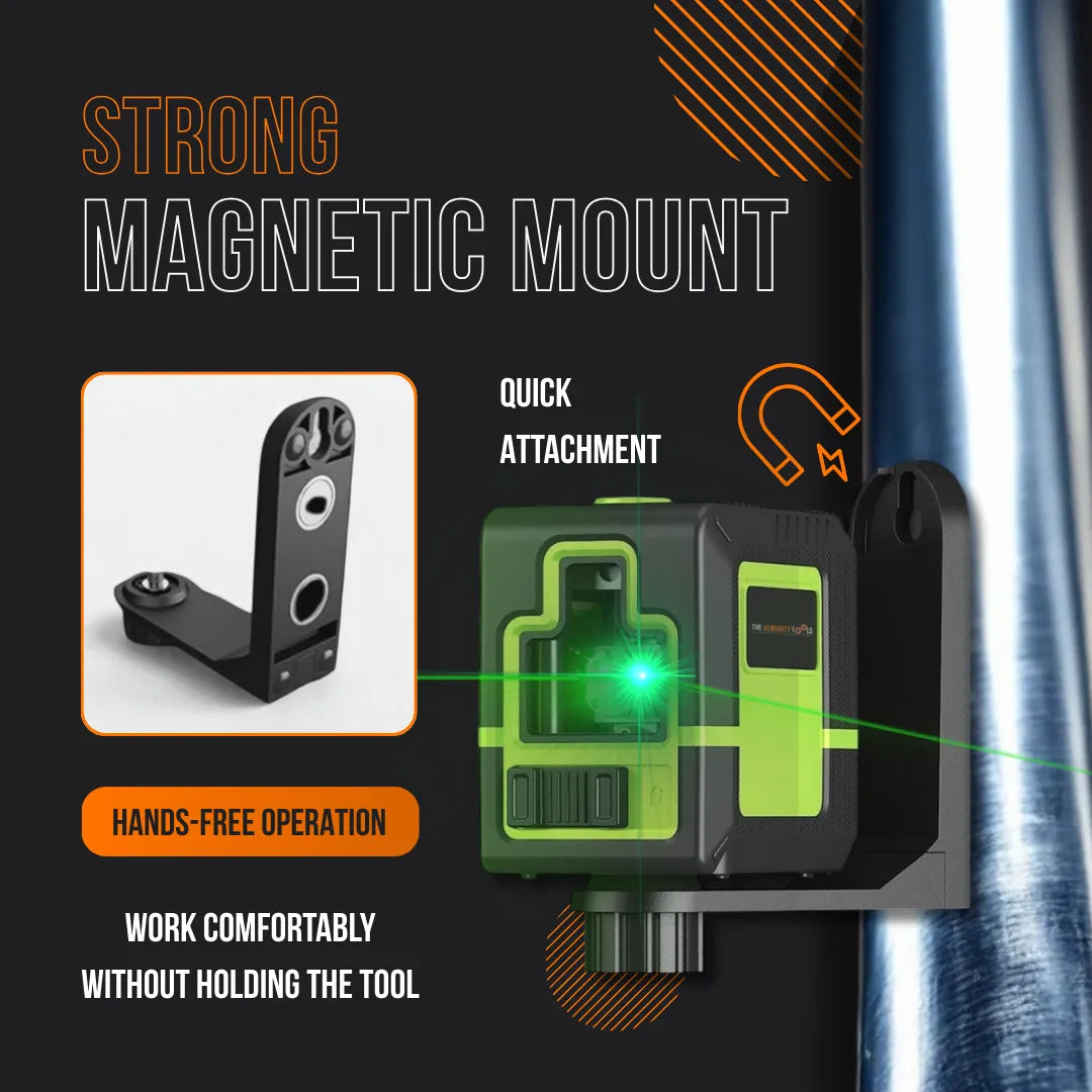 Green laser level with strong magnetic mount for hands-free operation and quick attachment.