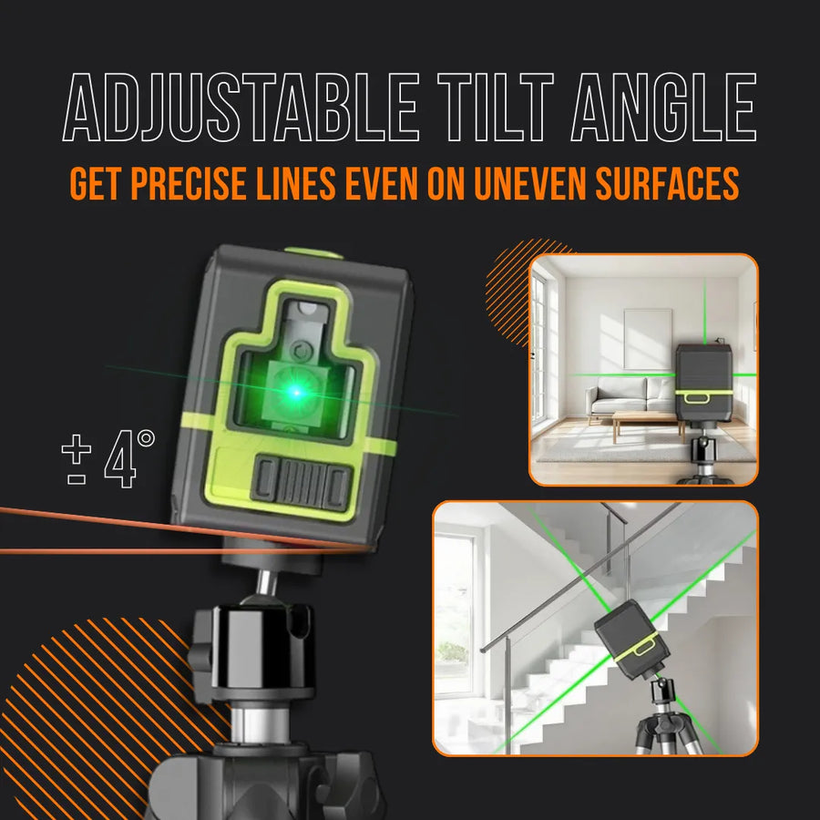 Adjustable tilt angle green laser level on tripod projects precise lines in living room and stairs