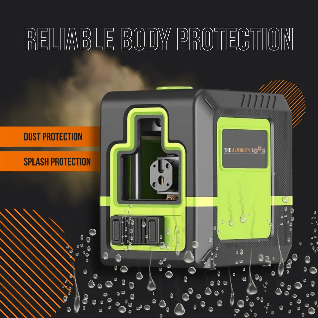 Green and black laser level tool with dust and splash protection, The Almighty Tools branding